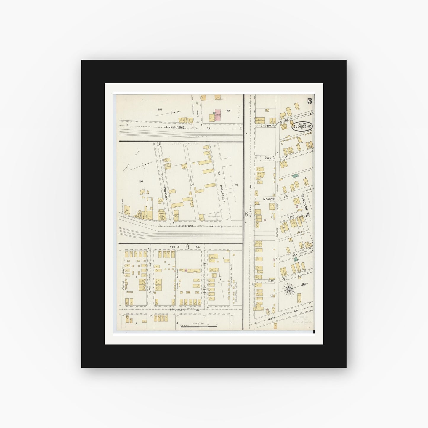 Old map wall art mockup — black gallery frame with white mat — Sanborn Fire Insurance Map from Duquesne, Allegheny County, Pennsylvania (1896), Sheet #0005
