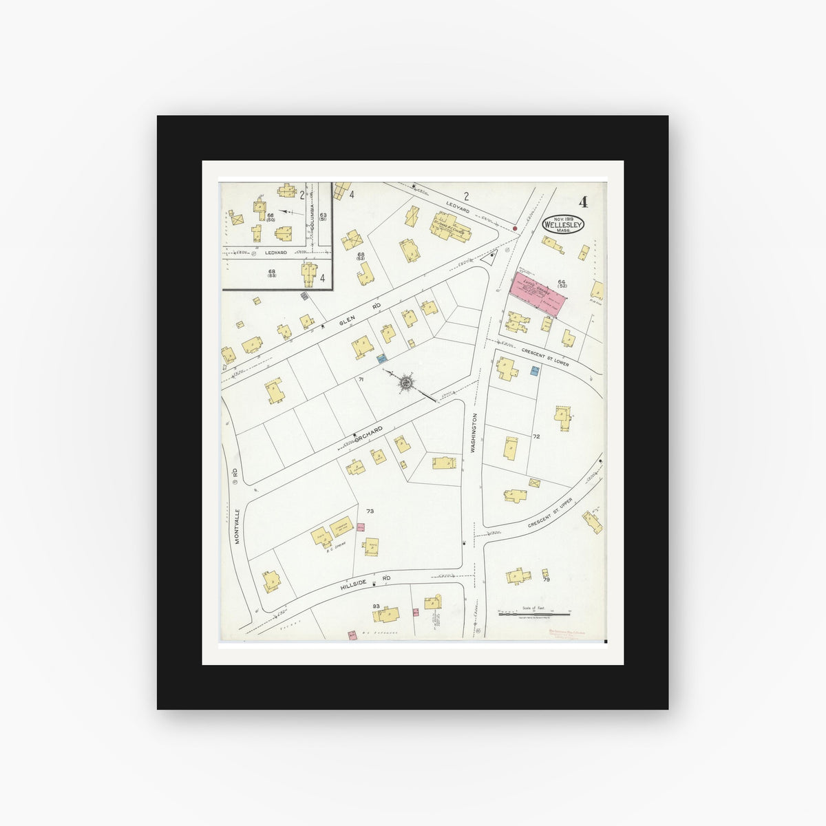 Old map wall art mockup — black gallery frame with white mat — Sanborn Fire Insurance Map from Wellesley, Norfolk County, Massachusetts (1919), Sheet #0004