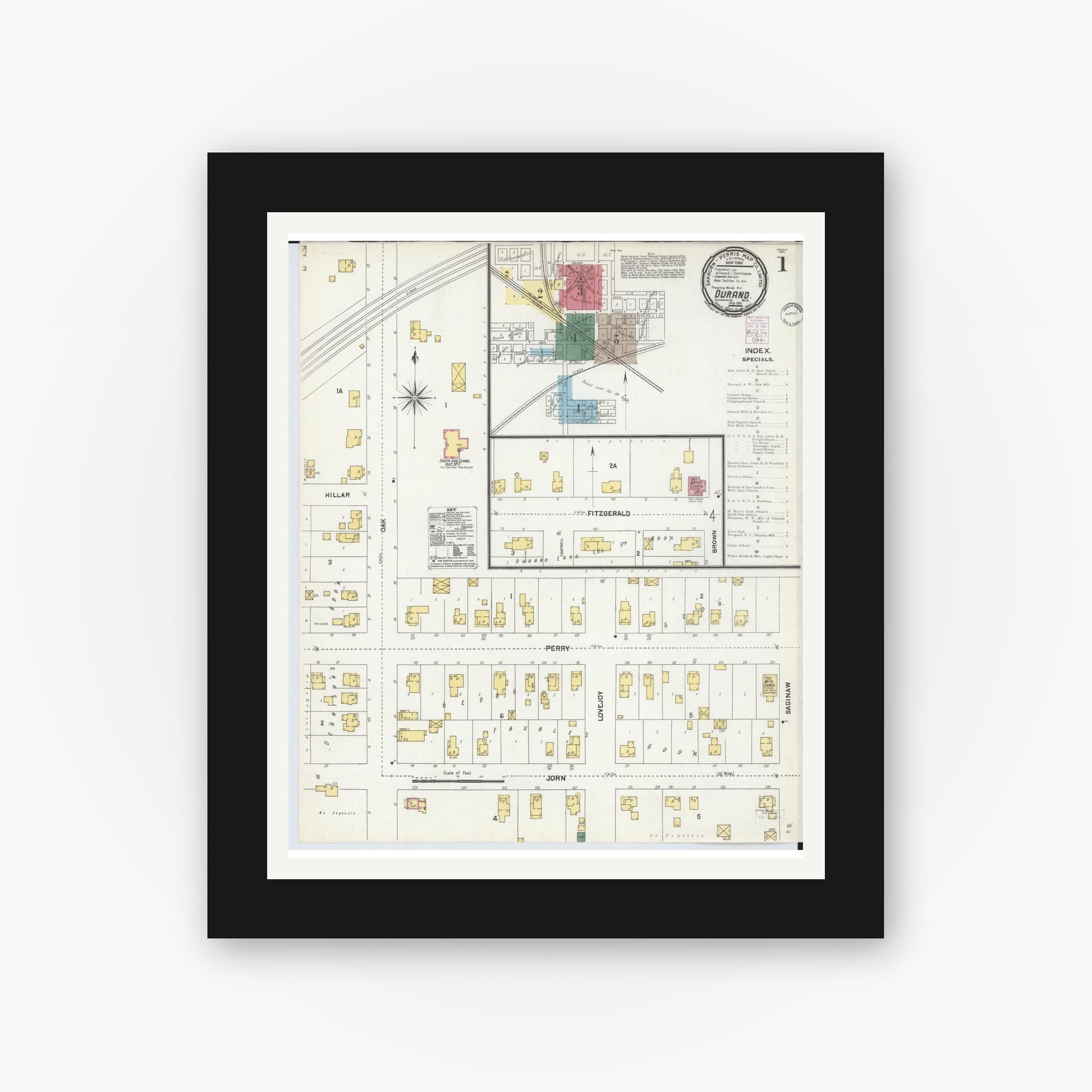 Old map wall art mockup — black gallery frame with white mat — Sanborn Fire Insurance Map from Durand, Shiawassee County, Michigan (1901) - Complete Map Set