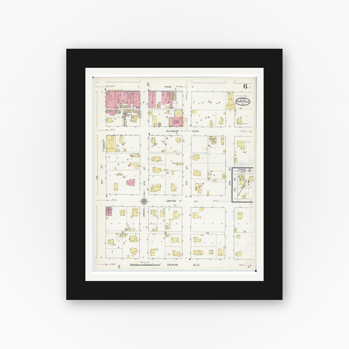 Old map wall art mockup — black gallery frame with white mat — Sanborn Fire Insurance Map from Fairfield, Wayne County, Illinois (1913), Sheet #0006