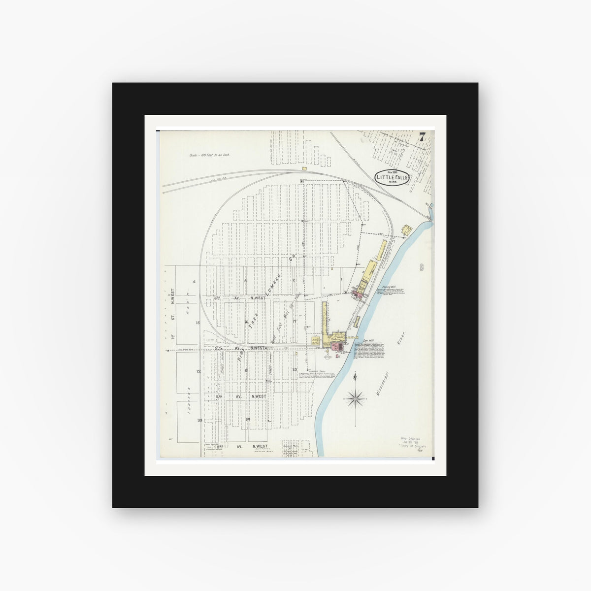 Old map wall art mockup — black gallery frame with white mat — Sanborn Fire Insurance Map from Little Falls, Morrison County, Minnesota (1895), Sheet #0007