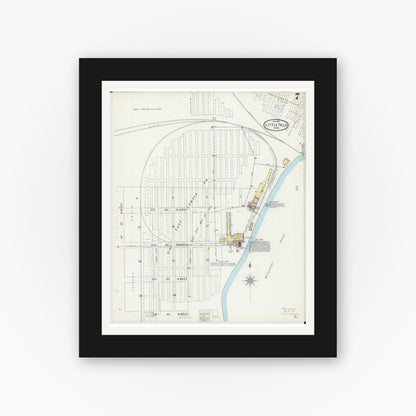Old map wall art mockup — black gallery frame with white mat — Sanborn Fire Insurance Map from Little Falls, Morrison County, Minnesota (1895), Sheet #0007