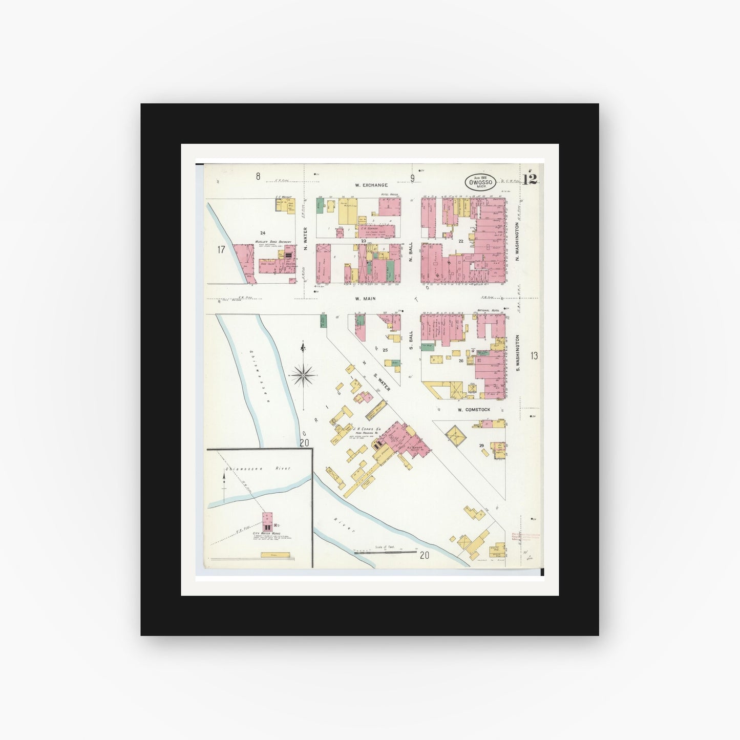 Old map wall art mockup — black gallery frame with white mat — Sanborn Fire Insurance Map from Owosso, Shiawassee County, Michigan (1908), Sheet #0012