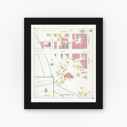 Old map wall art mockup — black gallery frame with white mat — Sanborn Fire Insurance Map from Owosso, Shiawassee County, Michigan (1908), Sheet #0012