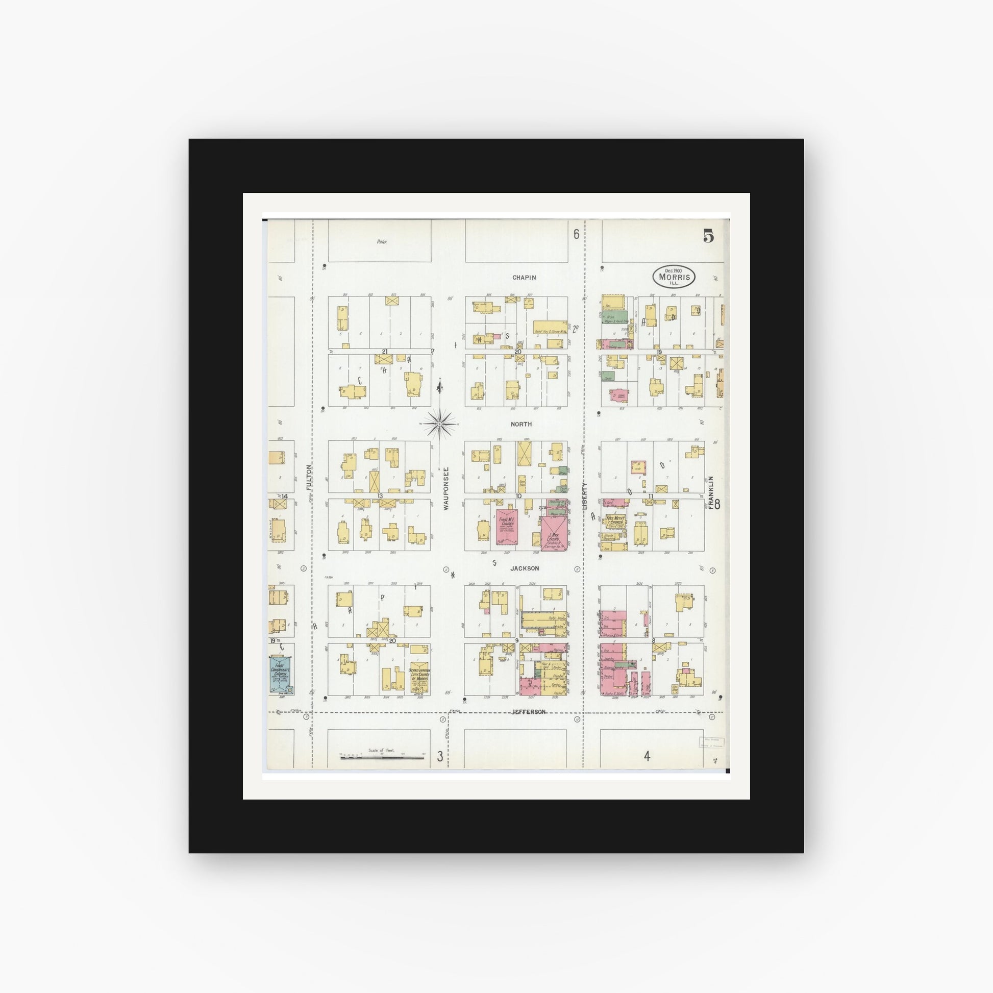 Old map wall art mockup — black gallery frame with white mat — Sanborn Fire Insurance Map from Morris, Grundy County, Illinois (1900), Sheet #0005