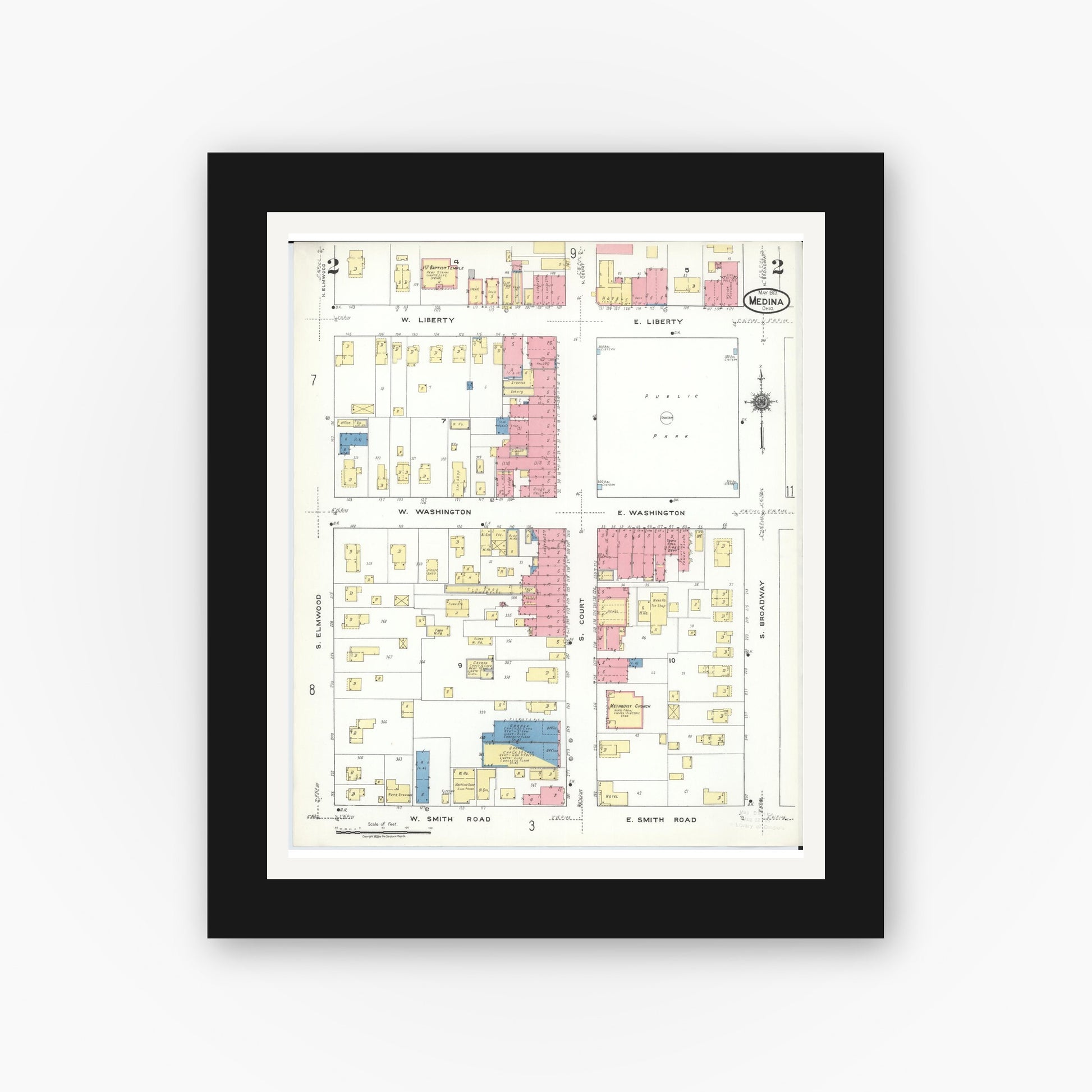 Old map wall art mockup — black gallery frame with white mat — Sanborn Fire Insurance Map from Medina, Medina County, Ohio (1923), Sheet #0002