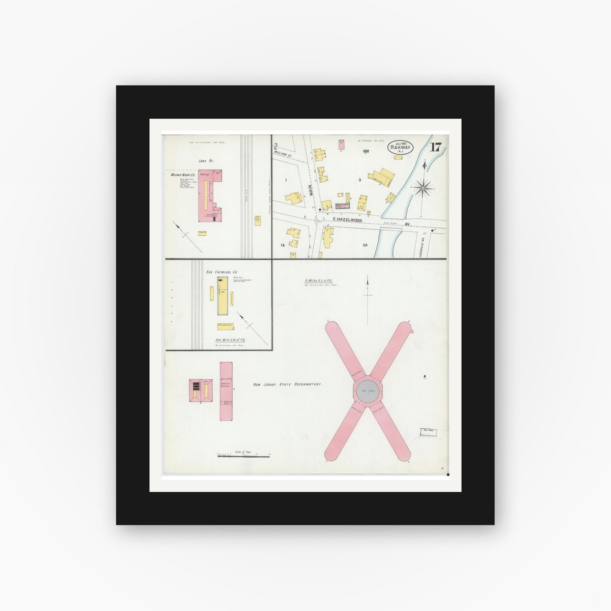 Old map wall art mockup — black gallery frame with white mat — Sanborn Fire Insurance Map from Rahway, Union County, New Jersey (1901), Sheet #0017
