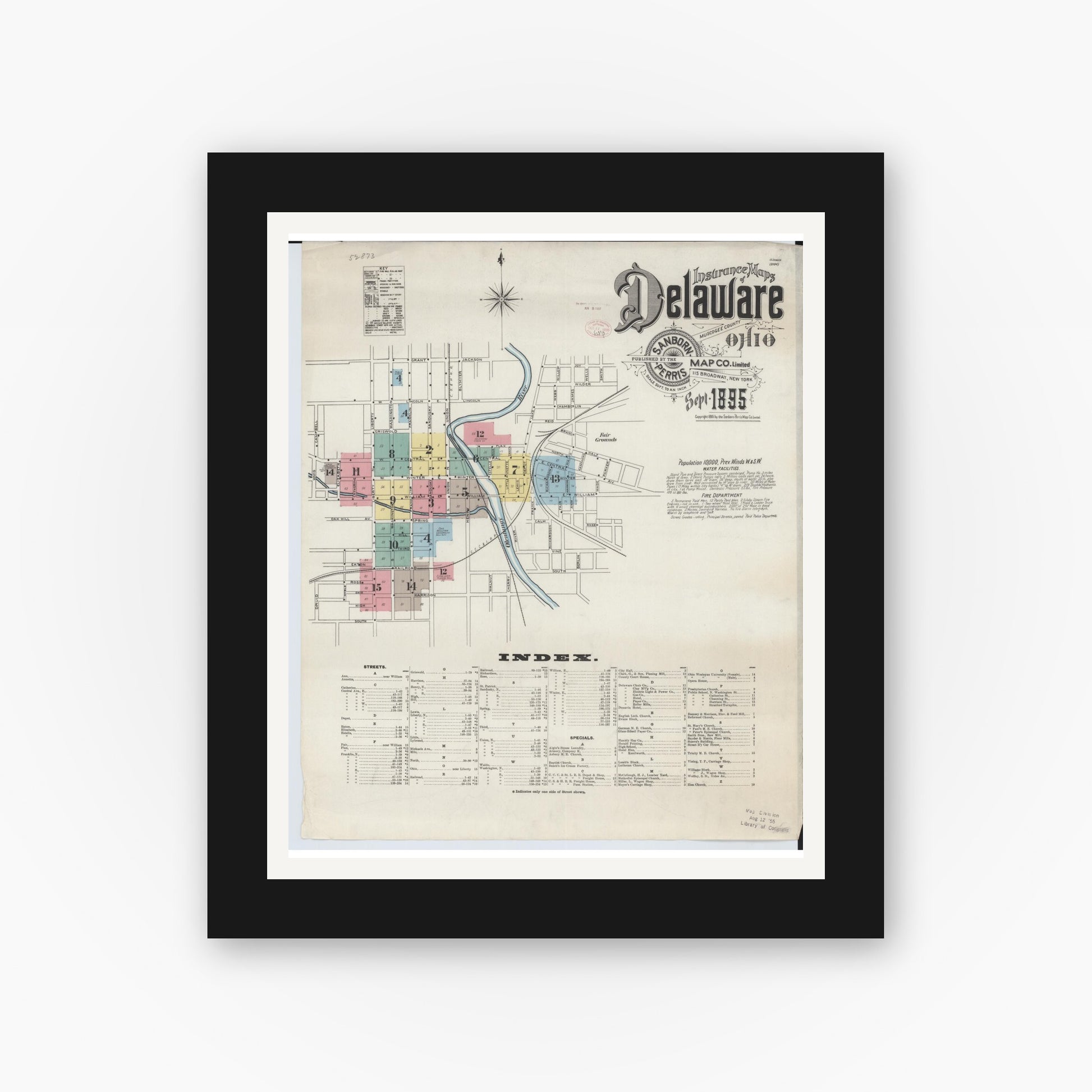 Old map wall art mockup — black gallery frame with white mat — Sanborn Fire Insurance Map from Delaware, Delaware County, Ohio (1895) - Complete Map Set