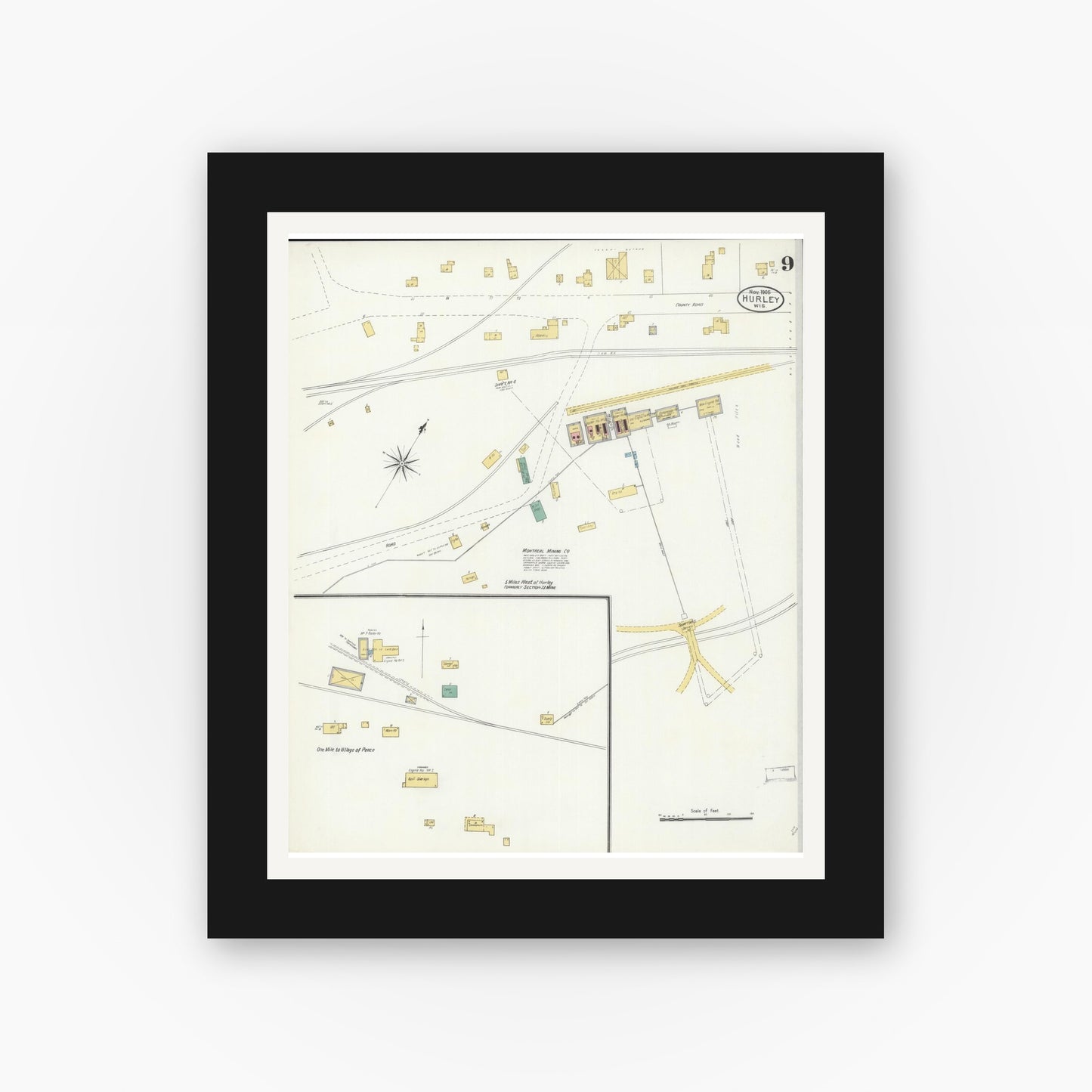 Old map wall art mockup — black gallery frame with white mat — Sanborn Fire Insurance Map from Hurley, Iron County, Wisconsin (1905), Sheet #0009