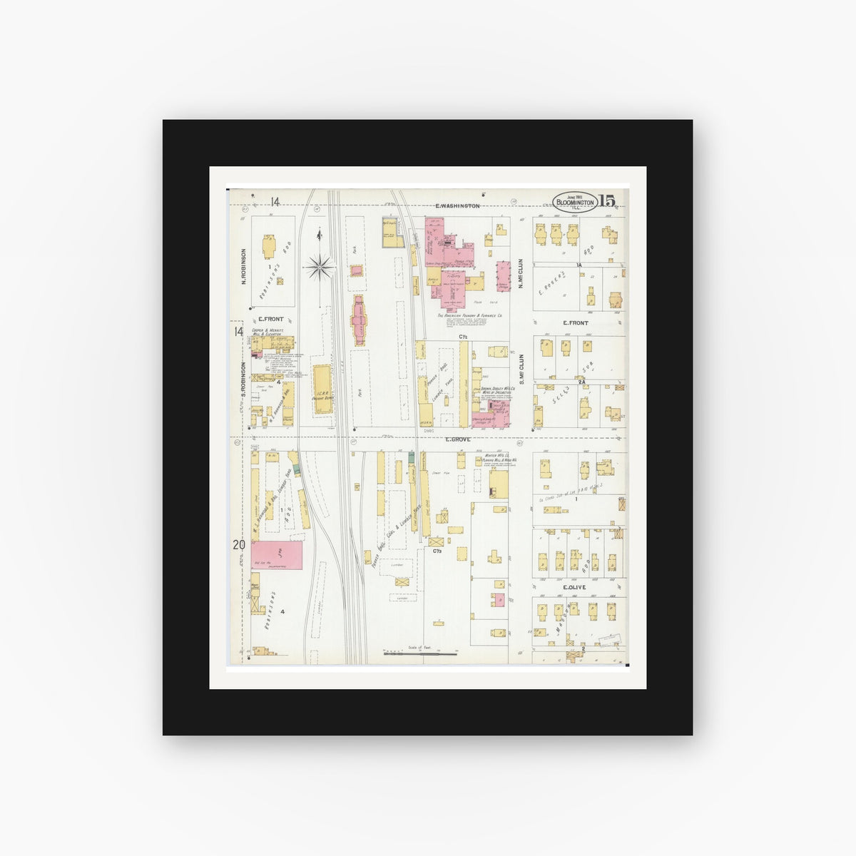Old map wall art mockup — black gallery frame with white mat — Sanborn Fire Insurance Map from Bloomington, McLean County, Illinois (1901), Sheet #0015