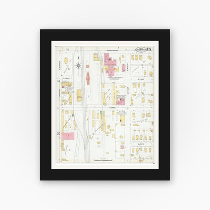 Old map wall art mockup — black gallery frame with white mat — Sanborn Fire Insurance Map from Bloomington, McLean County, Illinois (1901), Sheet #0015