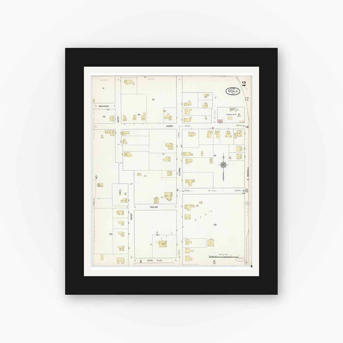 Old map wall art mockup — black gallery frame with white mat — Sanborn Fire Insurance Map from Ocala, Marion County, Florida (1912), Sheet #0002
