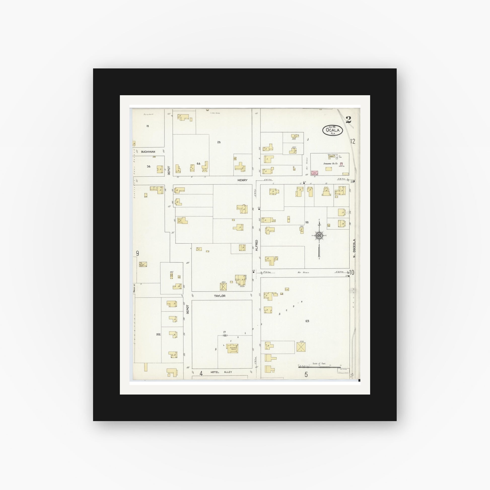 Old map wall art mockup — black gallery frame with white mat — Sanborn Fire Insurance Map from Ocala, Marion County, Florida (1912), Sheet #0002