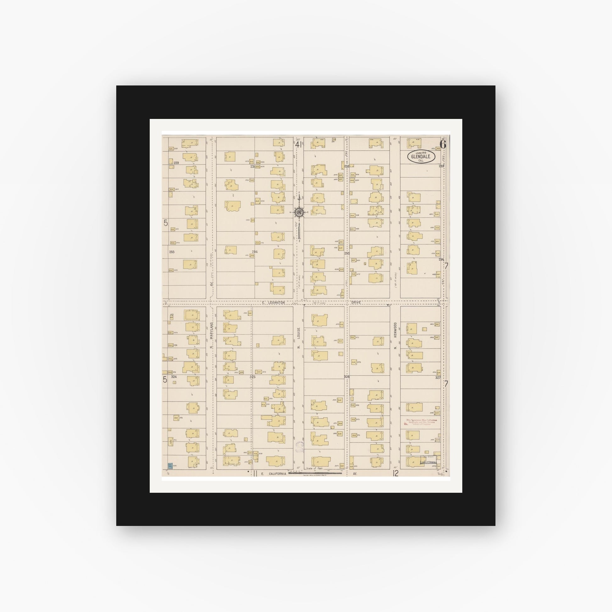 Old map wall art mockup — black gallery frame with white mat — Sanborn Fire Insurance Map from Glendale, Los Angeles County, California (1919), Sheet #0006