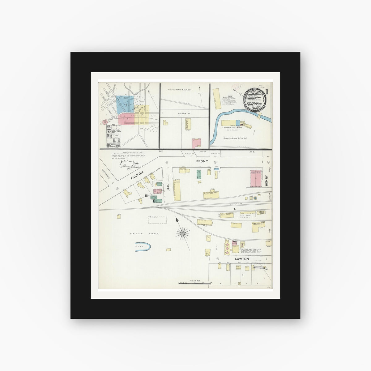 Old map wall art mockup — black gallery frame with white mat — Sanborn Fire Insurance Map from Edgerton, Rock County, Wisconsin (1891) - Complete Map Set