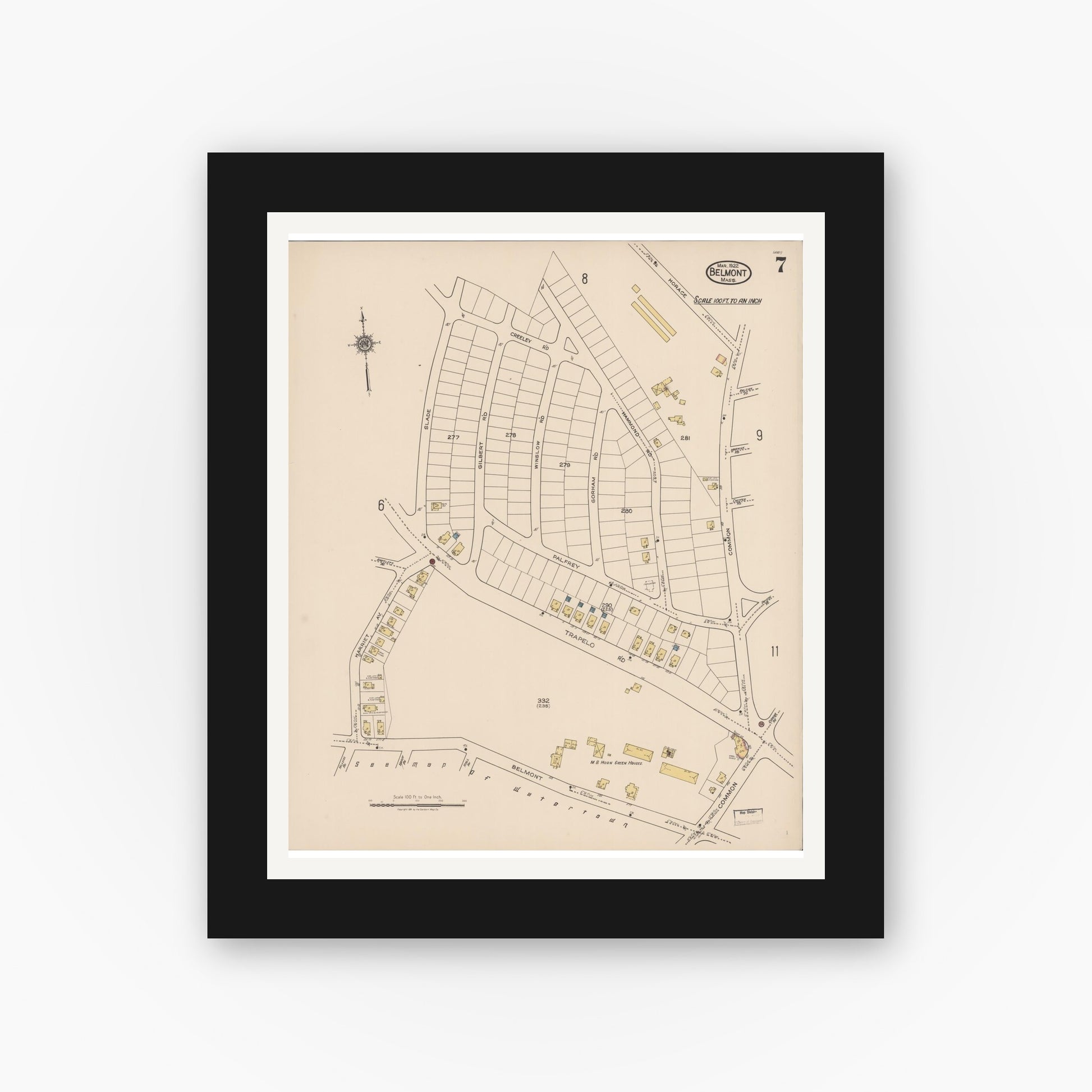 Old map wall art mockup — black gallery frame with white mat — Sanborn Fire Insurance Map from Belmont, Middlesex County, Massachusetts (1922), Sheet #0007