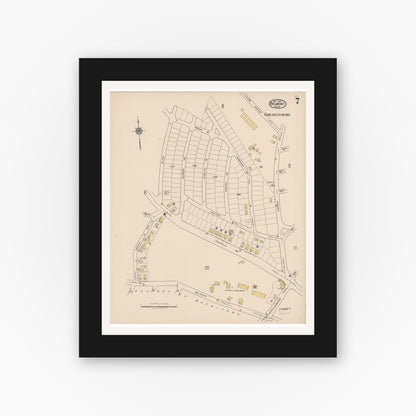 Old map wall art mockup — black gallery frame with white mat — Sanborn Fire Insurance Map from Belmont, Middlesex County, Massachusetts (1922), Sheet #0007