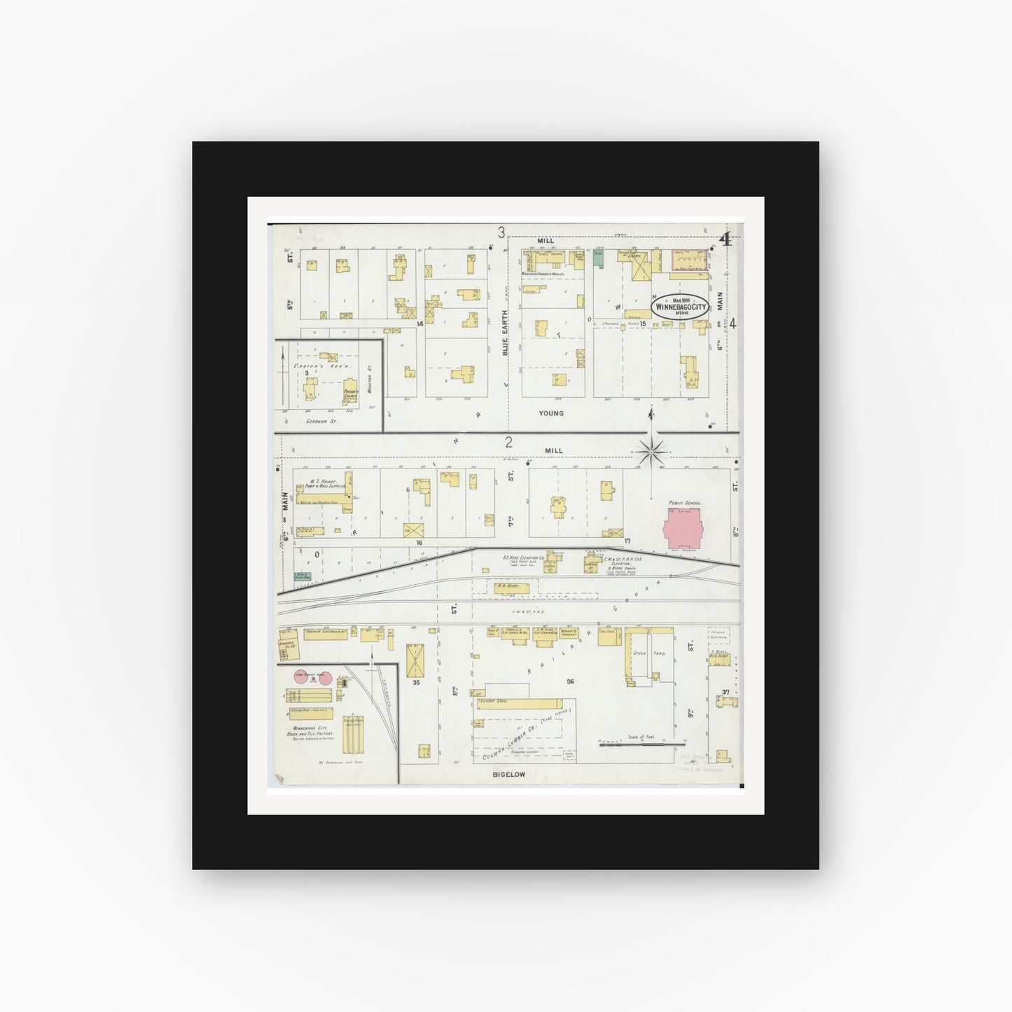 Old map wall art mockup — black gallery frame with white mat — Sanborn Fire Insurance Map from Winnebago, Faribault County, Minnesota (1899), Sheet #0004
