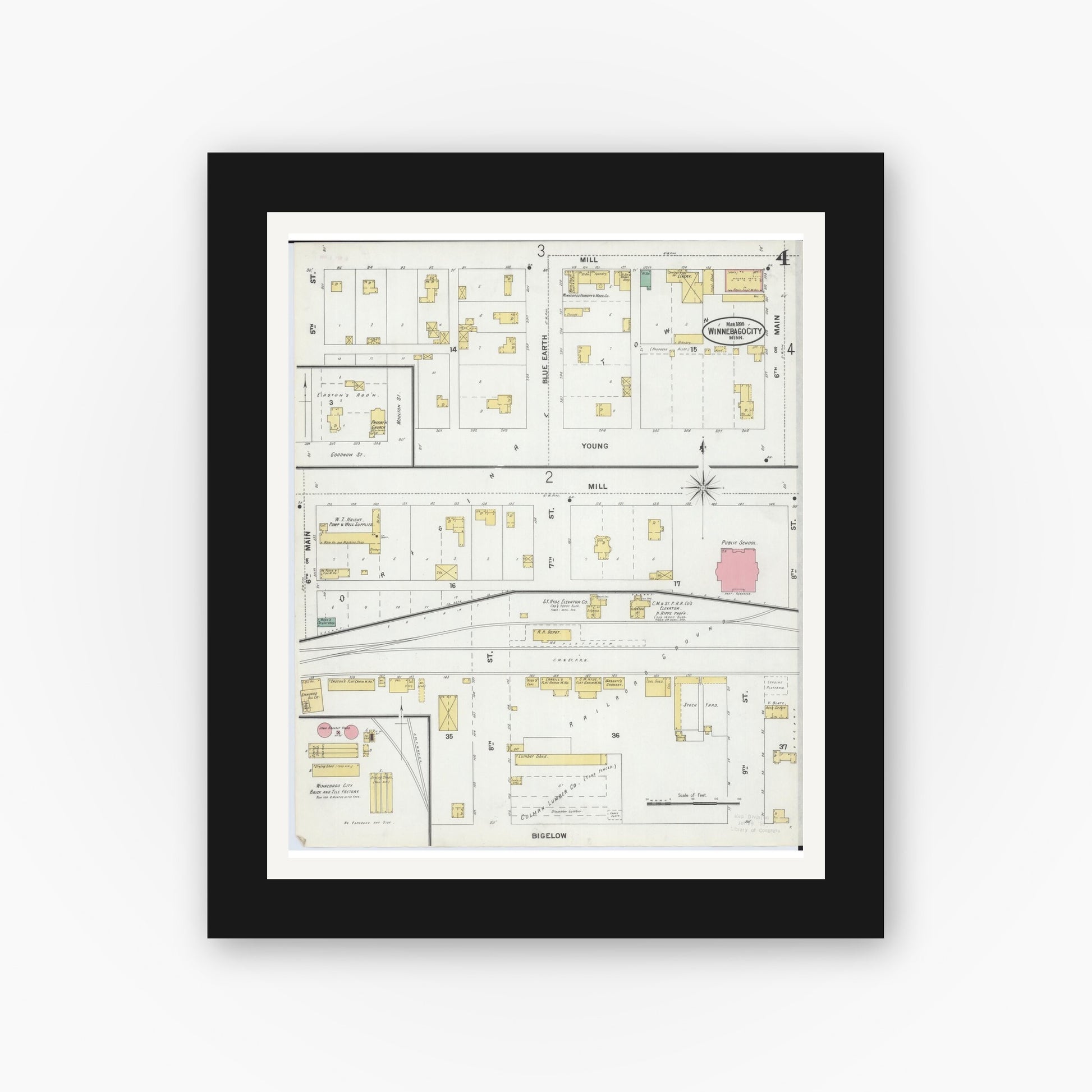 Old map wall art mockup — black gallery frame with white mat — Sanborn Fire Insurance Map from Winnebago, Faribault County, Minnesota (1899), Sheet #0004