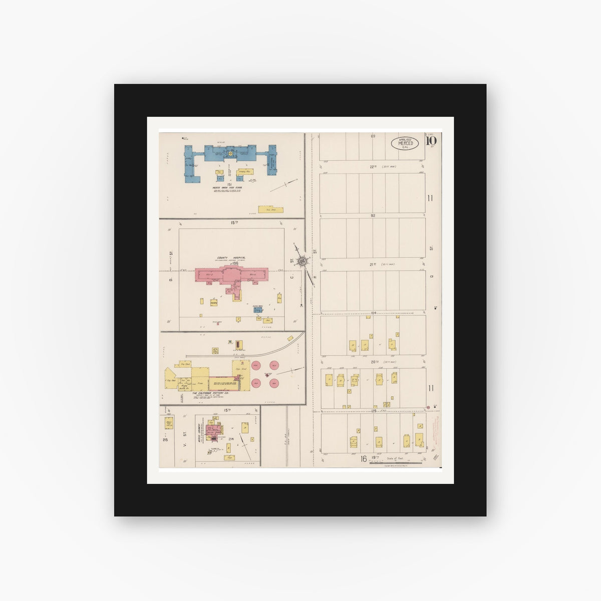 Old map wall art mockup — black gallery frame with white mat — Sanborn Fire Insurance Map from Merced, Merced County, California (1922), Sheet #0010
