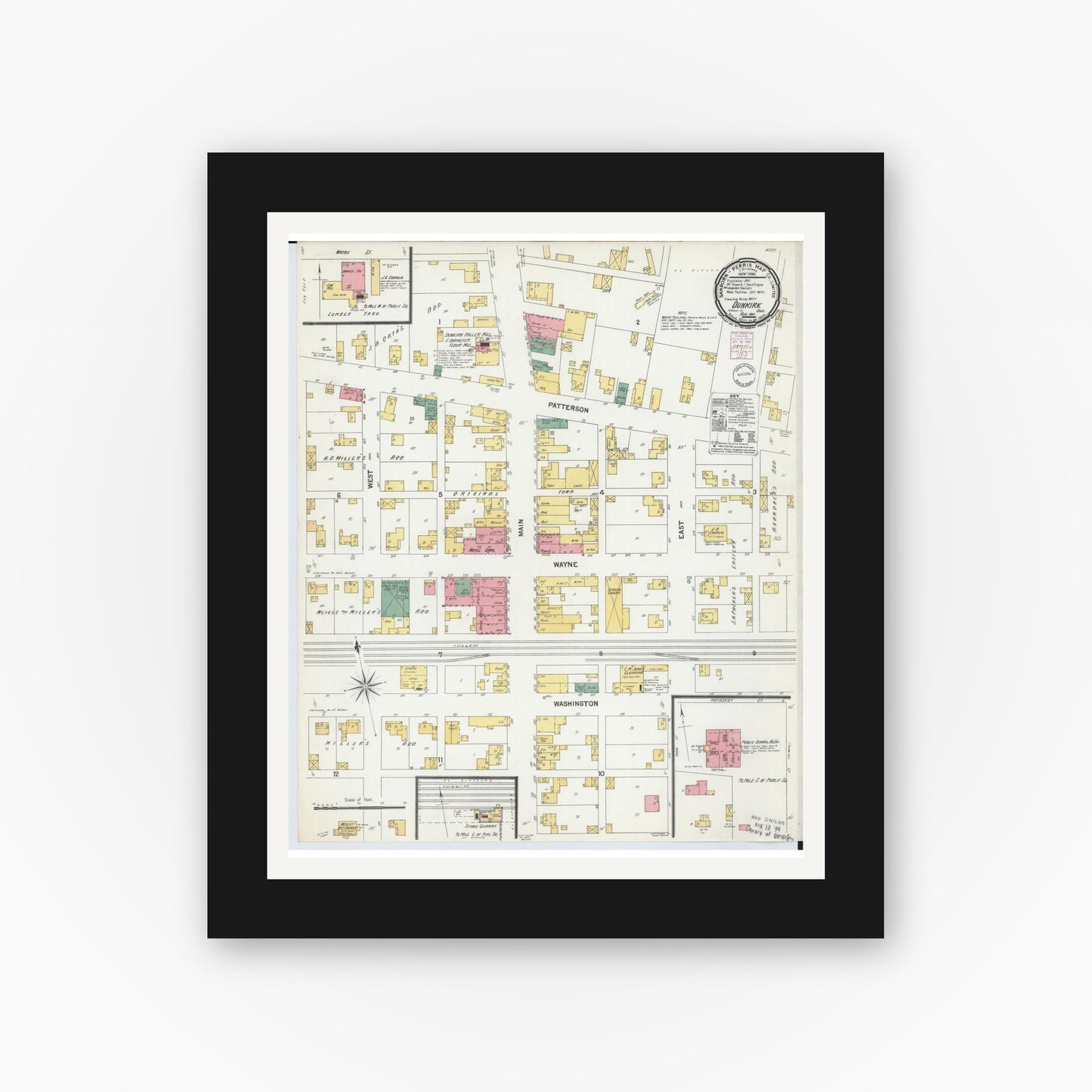 Old map wall art mockup — black gallery frame with white mat — Sanborn Fire Insurance Map from Dunkirk, Hardin County, Ohio (1901), Sheet #0001