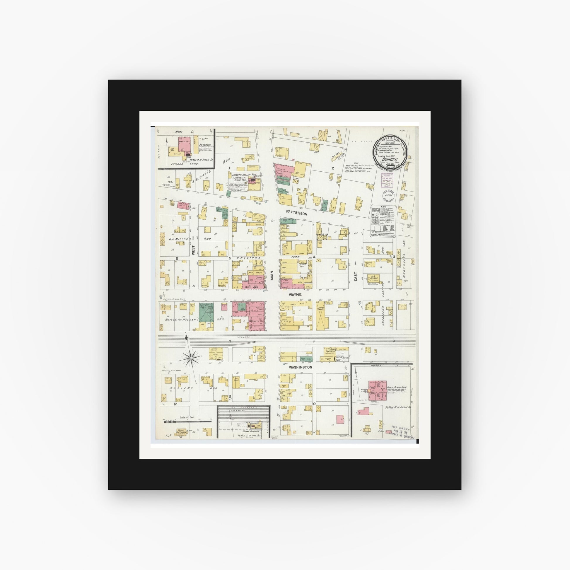 Old map wall art mockup — black gallery frame with white mat — Sanborn Fire Insurance Map from Dunkirk, Hardin County, Ohio (1901), Sheet #0001