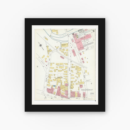 Old map wall art mockup — black gallery frame with white mat — Sanborn Fire Insurance Map from Southbridge, Worcester County, Massachusetts (1911), Sheet #0009