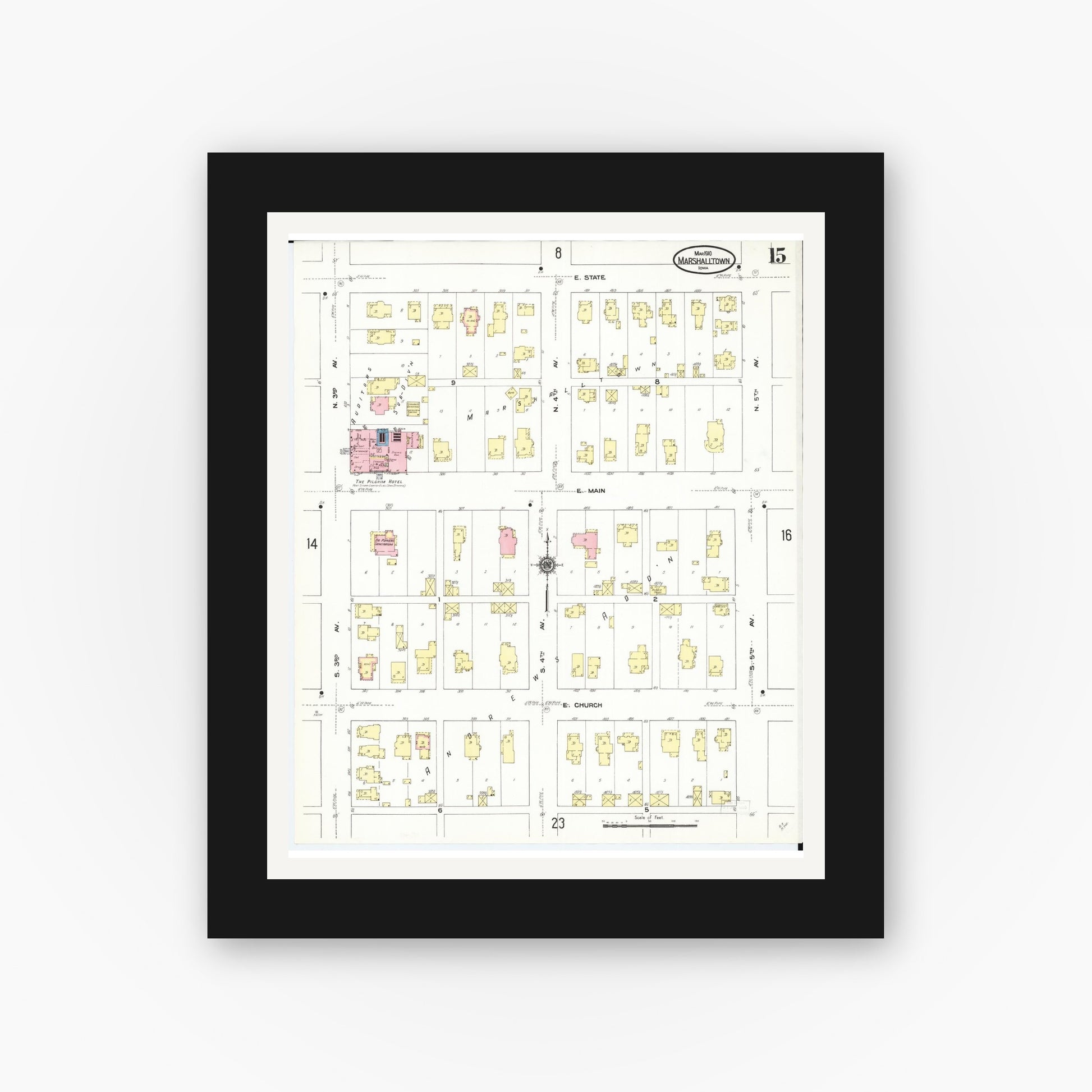 Old map wall art mockup — black gallery frame with white mat — Sanborn Fire Insurance Map from Marshalltown, Marshall County, Iowa (1910), Sheet #0015