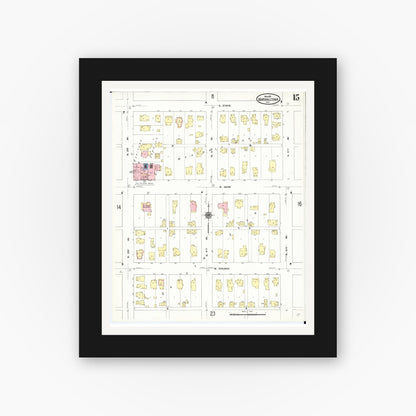 Old map wall art mockup — black gallery frame with white mat — Sanborn Fire Insurance Map from Marshalltown, Marshall County, Iowa (1910), Sheet #0015