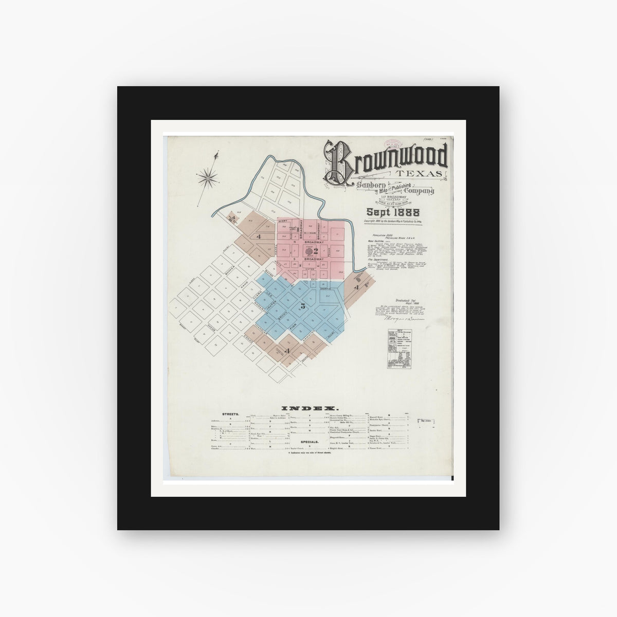 Old map wall art mockup — black gallery frame with white mat — Sanborn Fire Insurance Map from Brownwood, Brown County, Texas (1888) - Complete Map Set