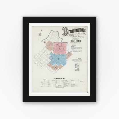 Old map wall art mockup — black gallery frame with white mat — Sanborn Fire Insurance Map from Brownwood, Brown County, Texas (1888) - Complete Map Set