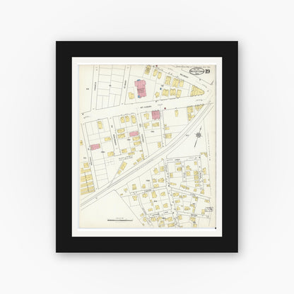 Old map wall art mockup — black gallery frame with white mat — Sanborn Fire Insurance Map from Watertown, Middlesex County, Massachusetts (1916), Sheet #0019