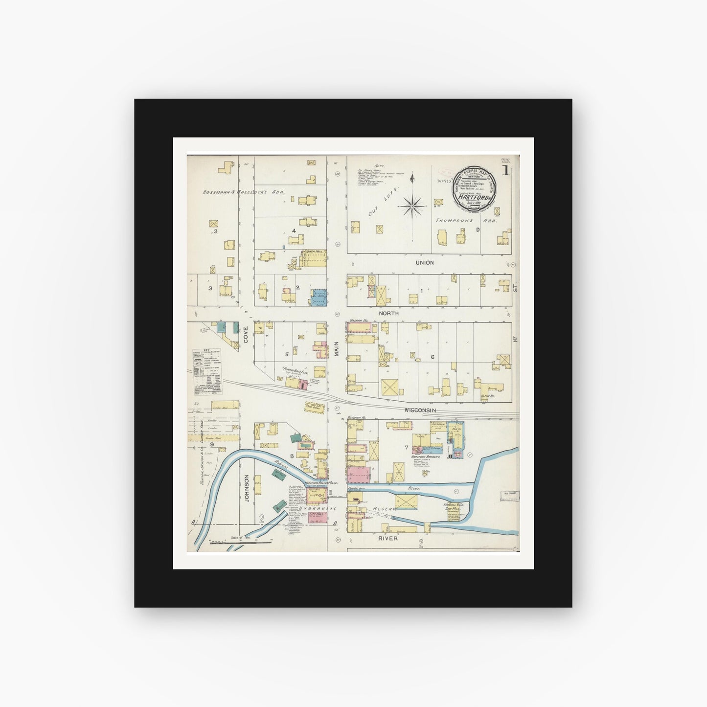 Old map wall art mockup — black gallery frame with white mat — Sanborn Fire Insurance Map from Hartford, Washington County, Wisconsin (1892), Sheet #0001