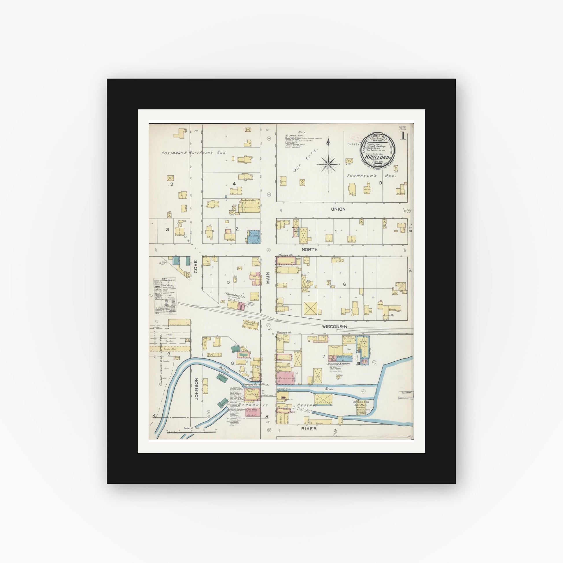 Old map wall art mockup — black gallery frame with white mat — Sanborn Fire Insurance Map from Hartford, Washington County, Wisconsin (1892), Sheet #0001