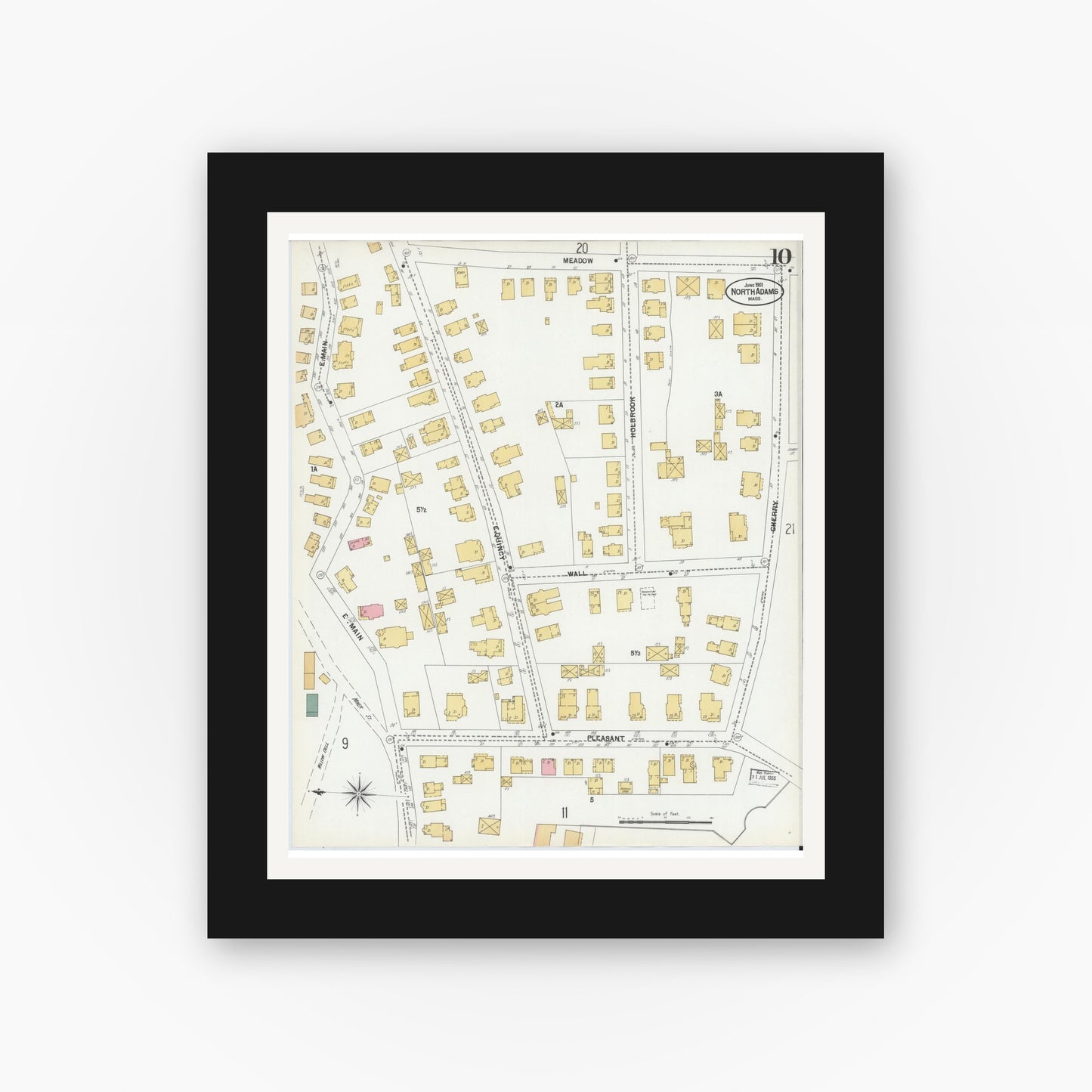 Old map wall art mockup — black gallery frame with white mat — Sanborn Fire Insurance Map from North Adams, Berkshire County, Massachusetts (1901), Sheet #0010