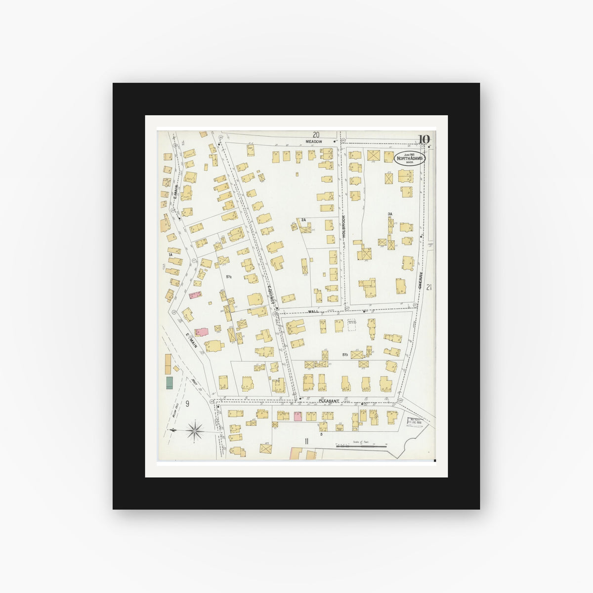 Old map wall art mockup — black gallery frame with white mat — Sanborn Fire Insurance Map from North Adams, Berkshire County, Massachusetts (1901), Sheet #0010