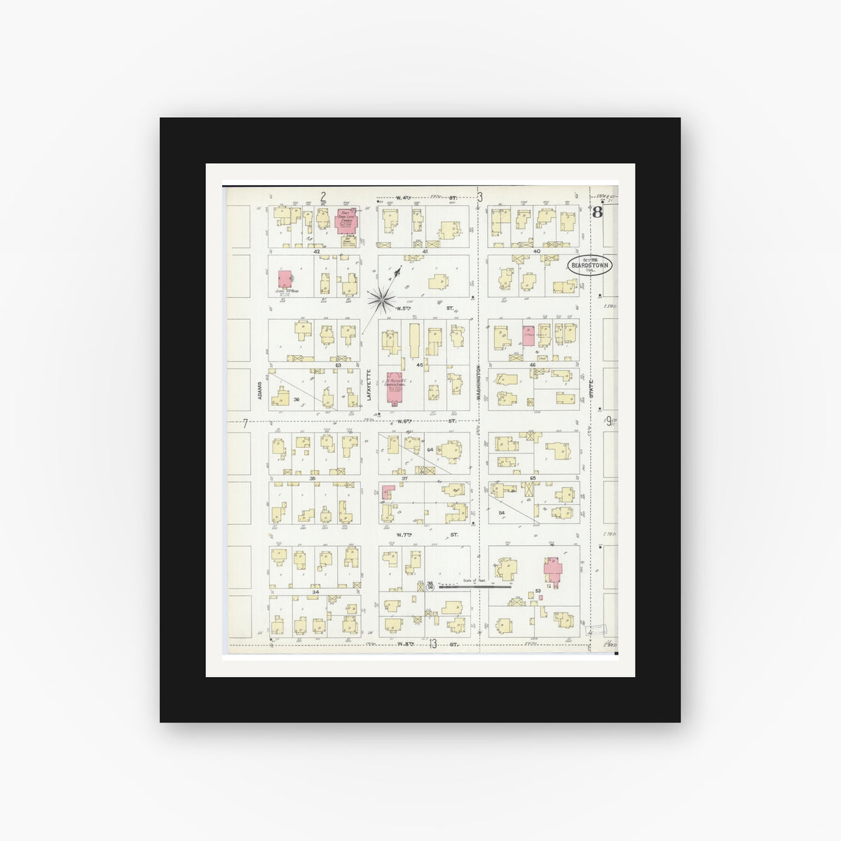 Old map wall art mockup — black gallery frame with white mat — Sanborn Fire Insurance Map from Beardstown, Cass County, Illinois (1906), Sheet #0008