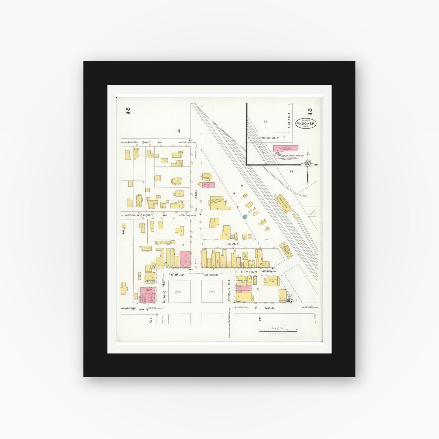 Old map wall art mockup — black gallery frame with white mat — Sanborn Fire Insurance Map from Andover, Ashtabula County, Ohio (1926), Sheet #0002