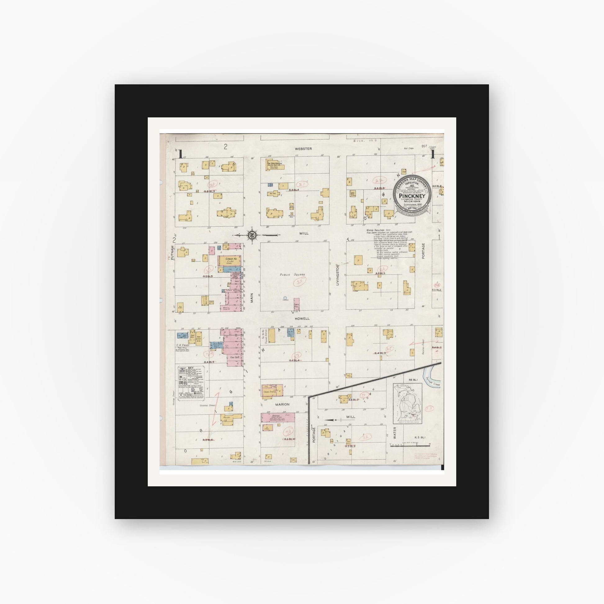 Old map wall art mockup — black gallery frame with white mat — Sanborn Fire Insurance Map from Pinckney, Livingston County, Michigan (1930) - Complete Map Set