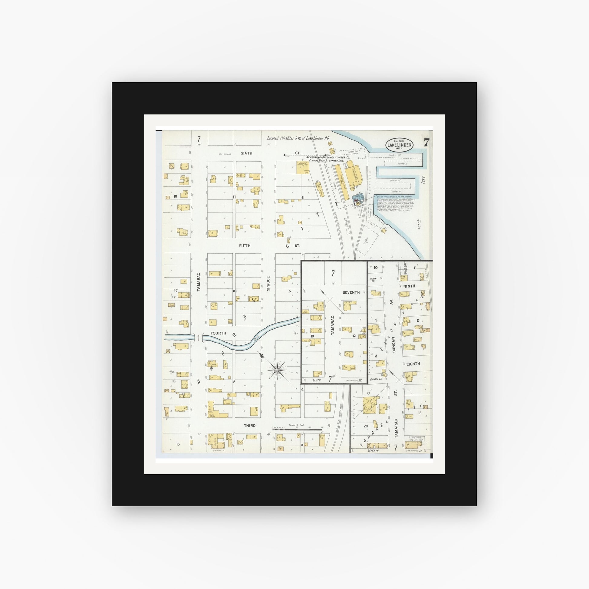 Old map wall art mockup — black gallery frame with white mat — Sanborn Fire Insurance Map from Lake Linden, Houghton County, Michigan (1900), Sheet #0007