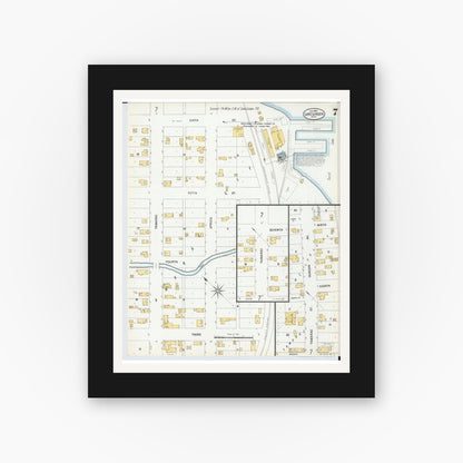 Old map wall art mockup — black gallery frame with white mat — Sanborn Fire Insurance Map from Lake Linden, Houghton County, Michigan (1900), Sheet #0007