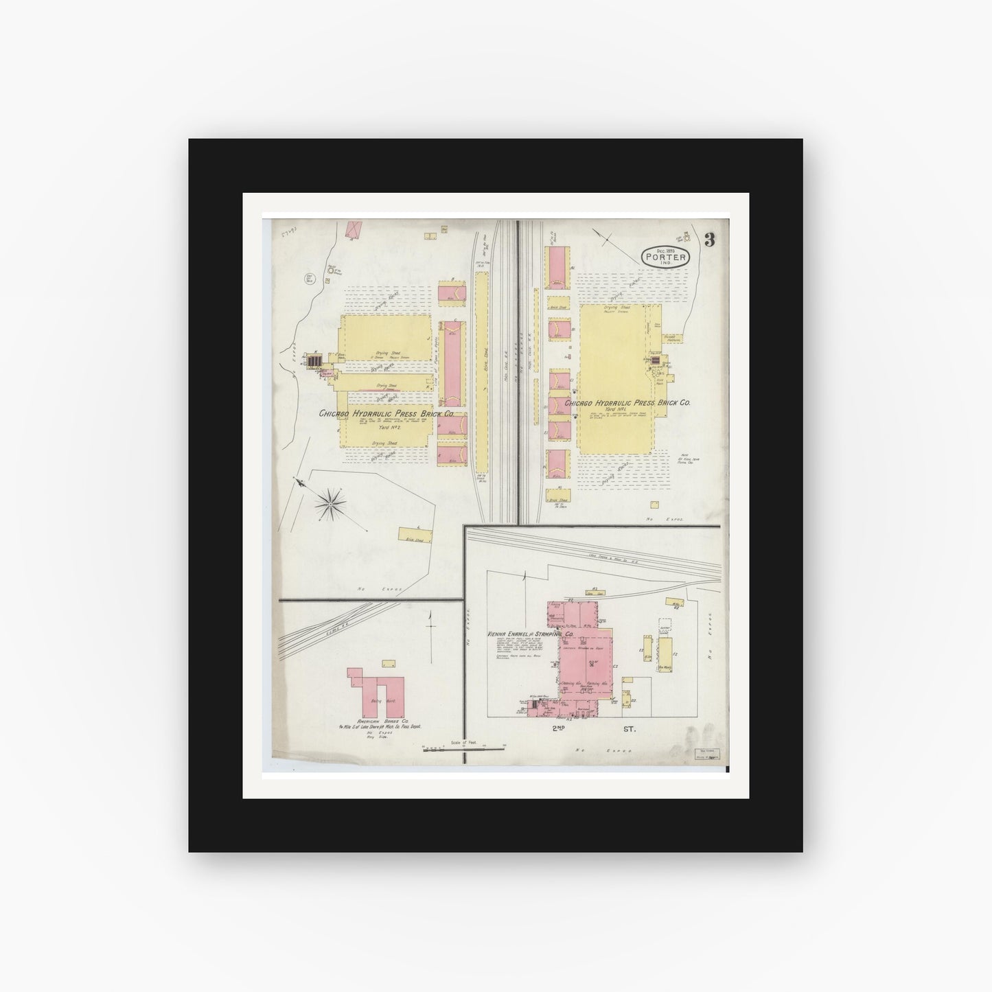 Old map wall art mockup — black gallery frame with white mat — Sanborn Fire Insurance Map from Porter, Porter County, Indiana (1893), Sheet #0003