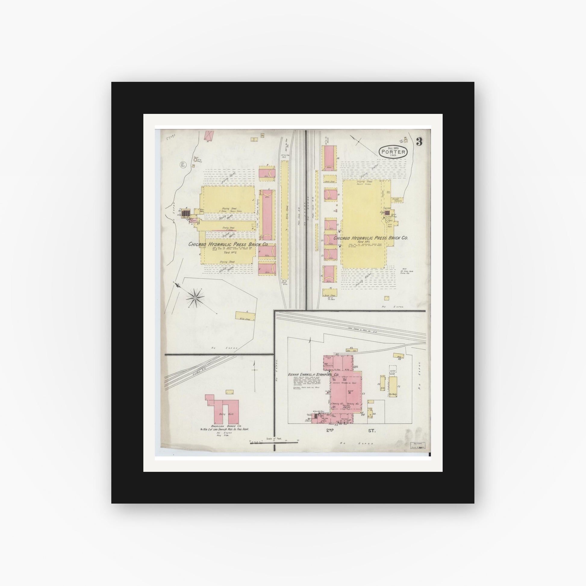 Old map wall art mockup — black gallery frame with white mat — Sanborn Fire Insurance Map from Porter, Porter County, Indiana (1893), Sheet #0003