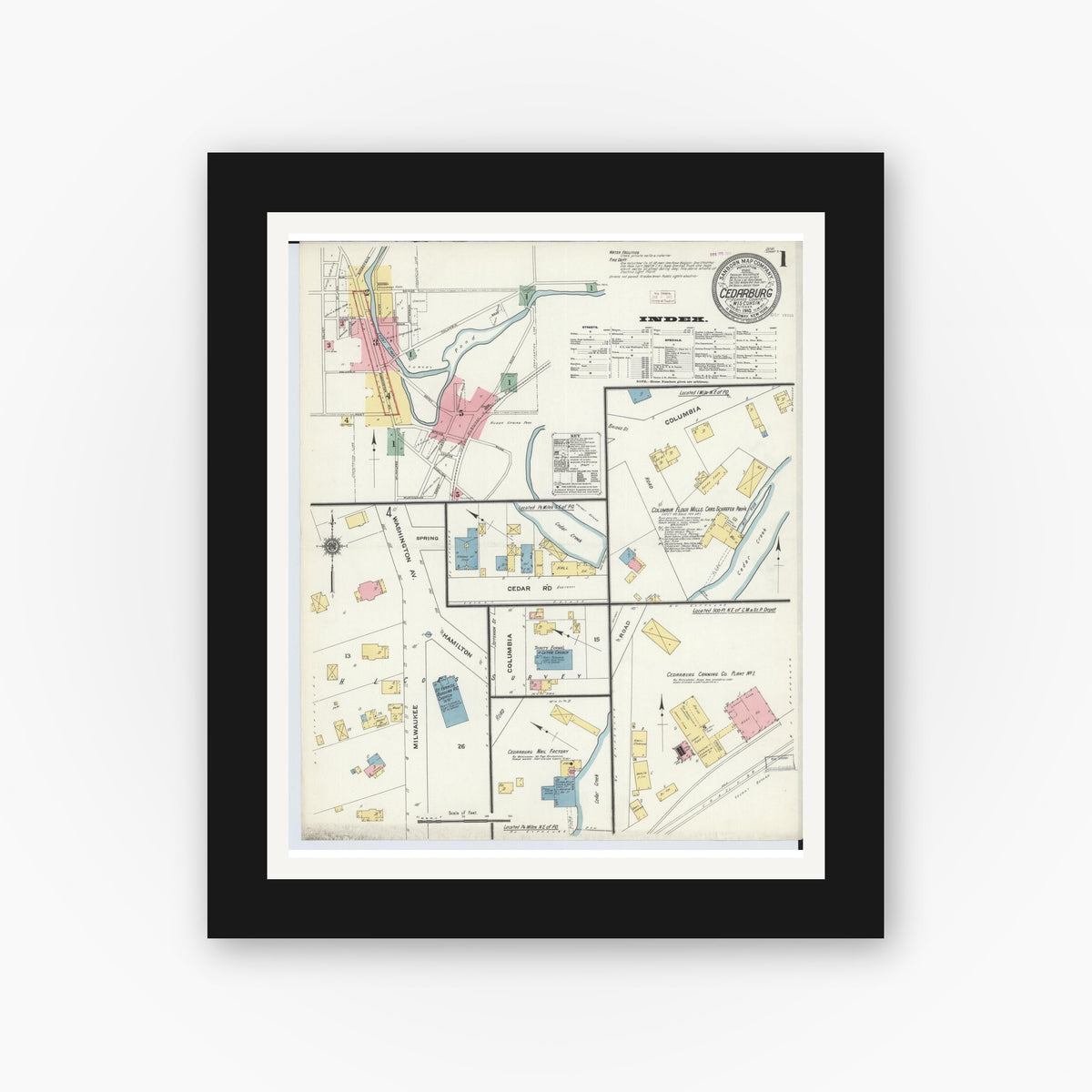 Old map wall art mockup — black gallery frame with white mat — Sanborn Fire Insurance Map from Cedarburg, Ozaukee County, Wisconsin (1910) - Complete Map Set
