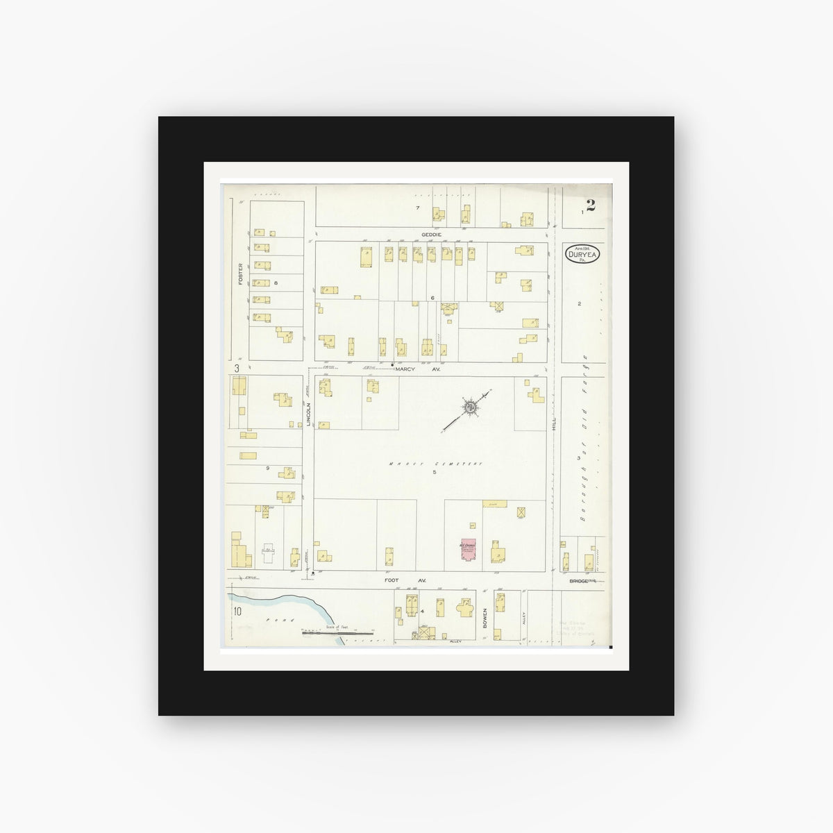 Old map wall art mockup — black gallery frame with white mat — Sanborn Fire Insurance Map from Duryea, Luzerne County, Pennsylvania (1914), Sheet #0002