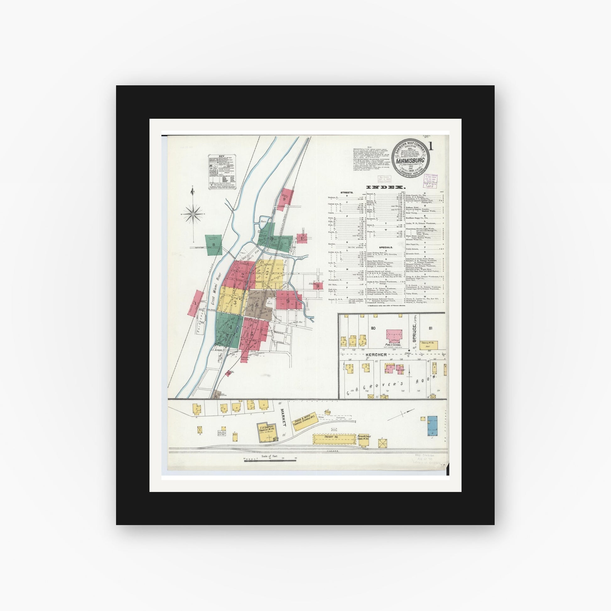 Old map wall art mockup — black gallery frame with white mat — Sanborn Fire Insurance Map from Miamisburg, Montgomery County, Ohio (1905), Sheet #0001