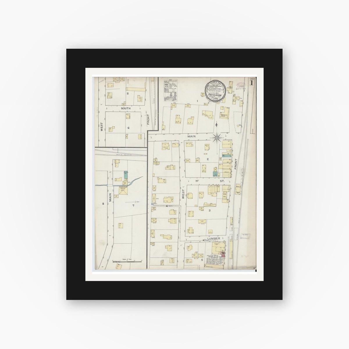 Old map wall art mockup — black gallery frame with white mat — Sanborn Fire Insurance Map from Patterson, Putnam County, New York (1893) - Complete Map Set