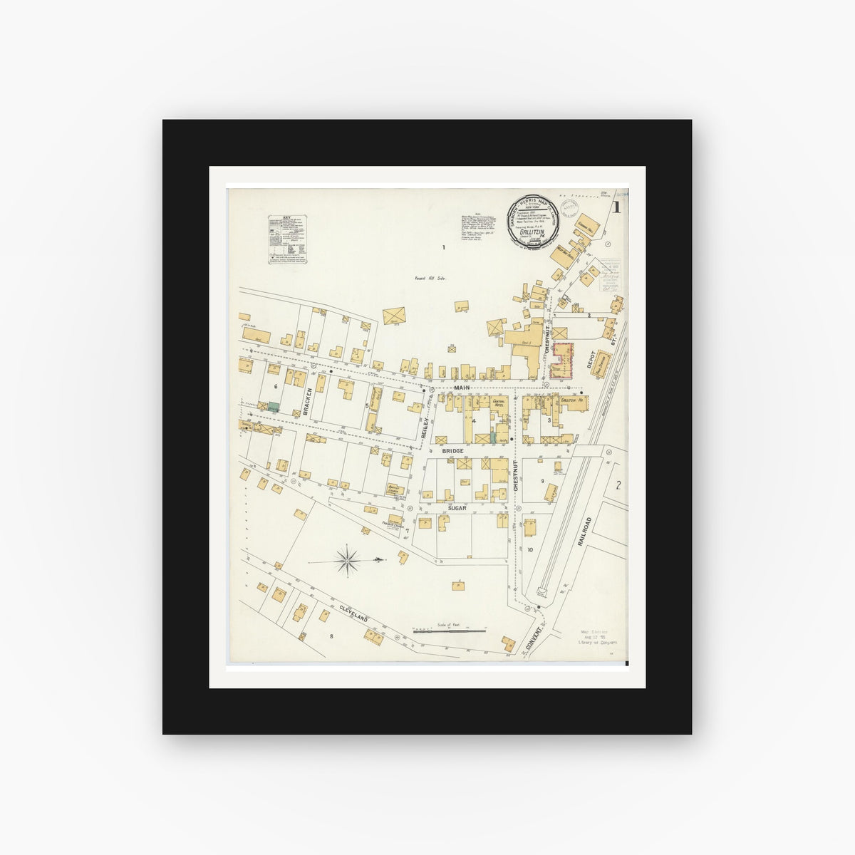 Old map wall art mockup — black gallery frame with white mat — Sanborn Fire Insurance Map from Gallitzin, Cambria County, Pennsylvania (1900) - Complete Map Set