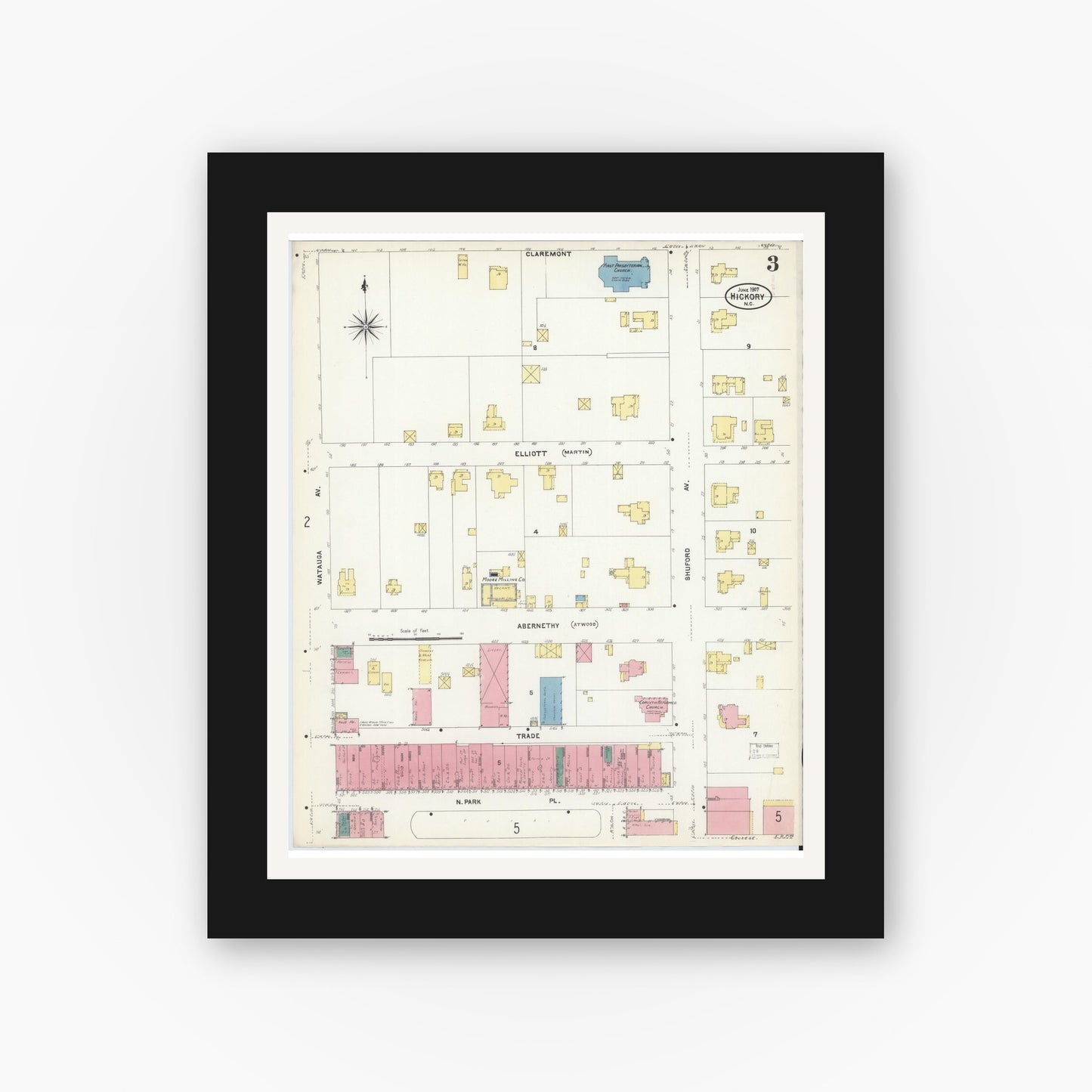 Old map wall art mockup — black gallery frame with white mat — Sanborn Fire Insurance Map from Hickory, Catawba County, North Carolina (1907), Sheet #0003