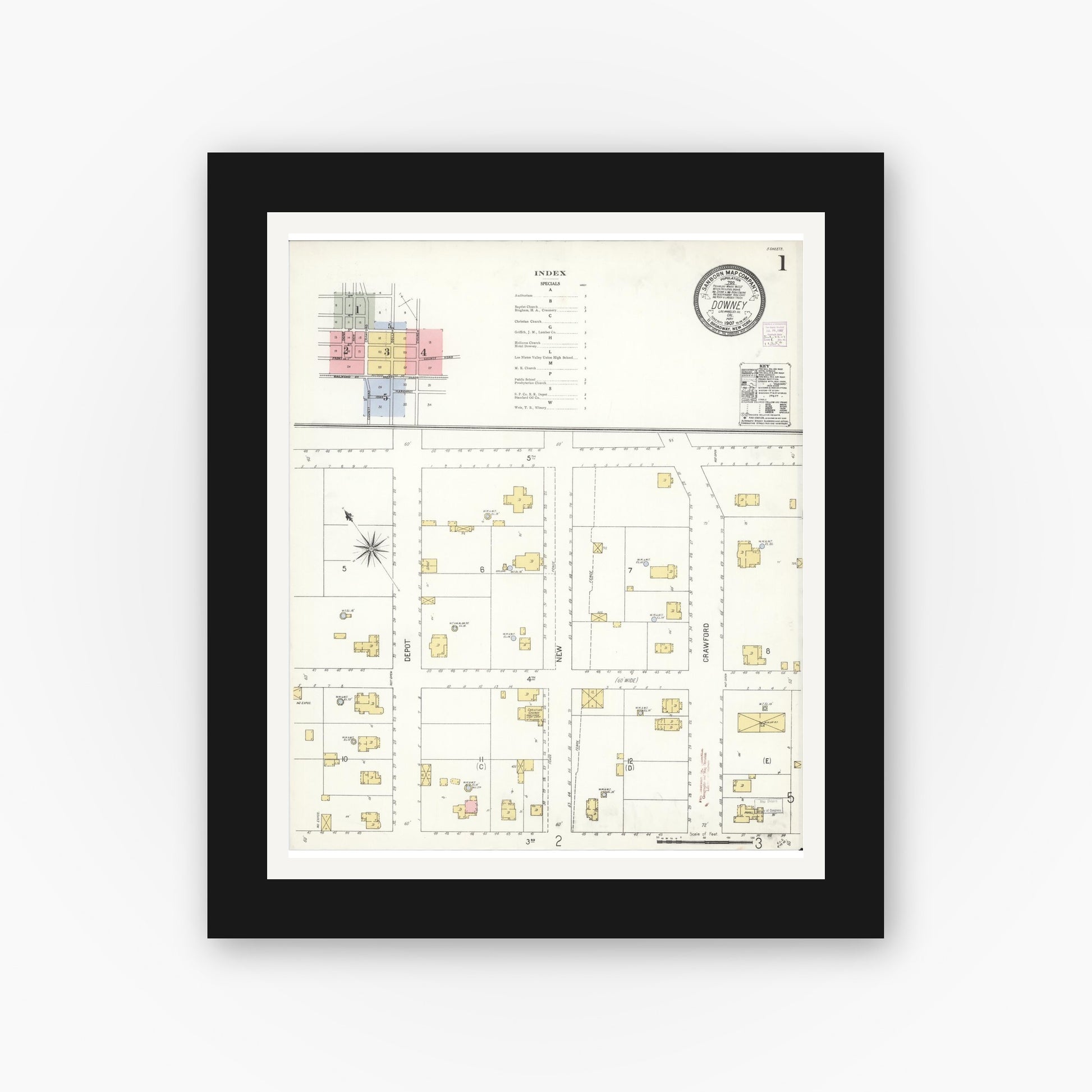 Old map wall art mockup — black gallery frame with white mat — Sanborn Fire Insurance Map from Downey, Los Angeles County, California (1907) - Complete Map Set
